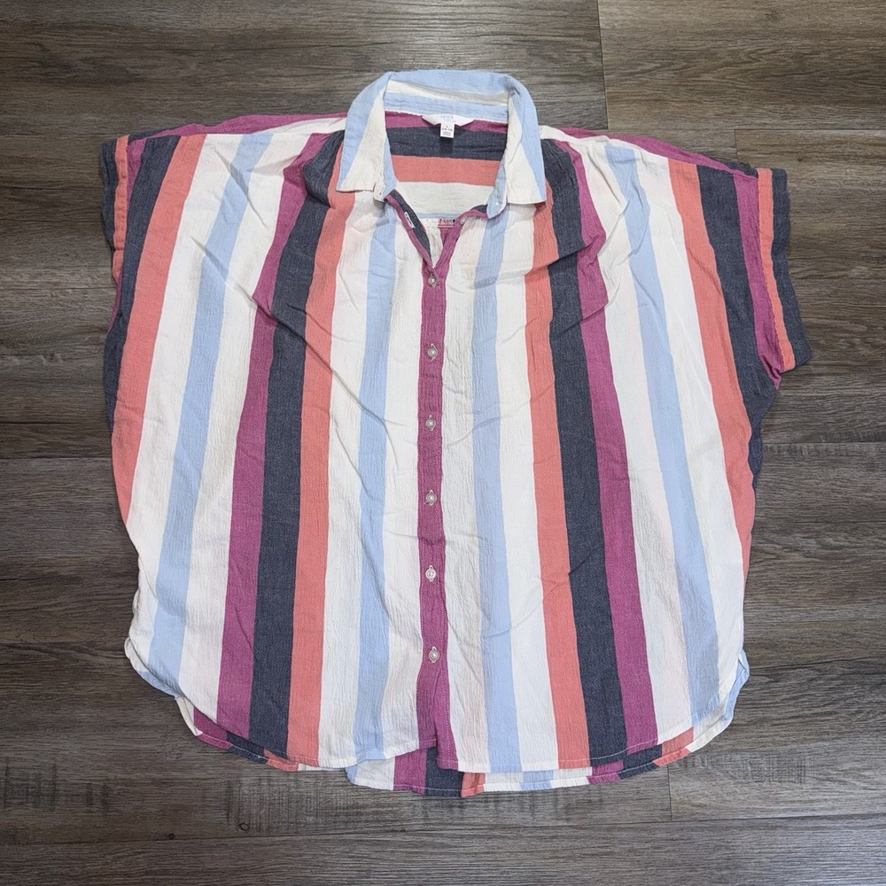 Time and Tru Short-Sleeve Gauzy Top Womens L (12-14) Button-Up Front Multicolor